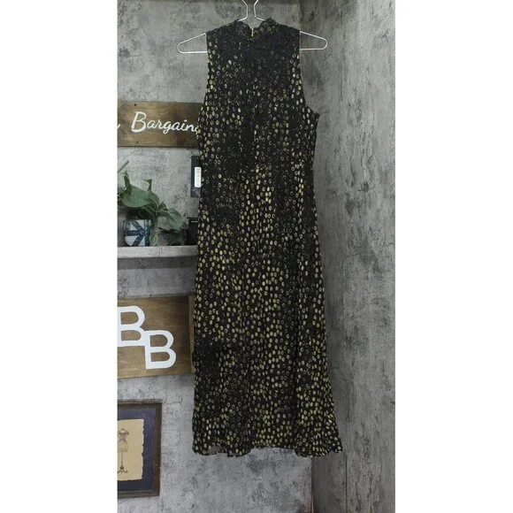 NWT Donna Karan Womens Burnout Velvet Sleeveless Midi Dress Black / Gold Multi 4